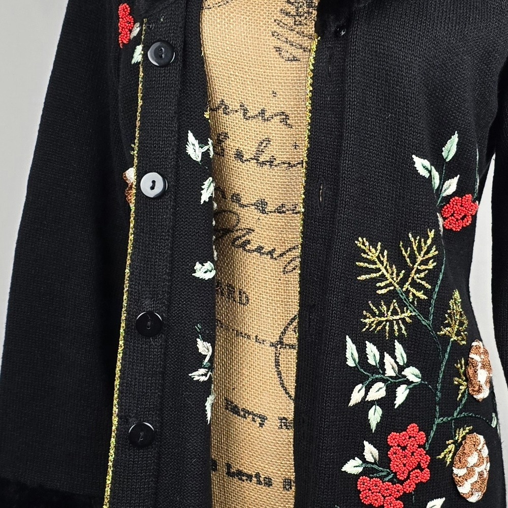 Storybook Knits Black Beaded Floral Cardigan Sweater Coat Faux Fur Trim Medium - Picture 15 of 16
